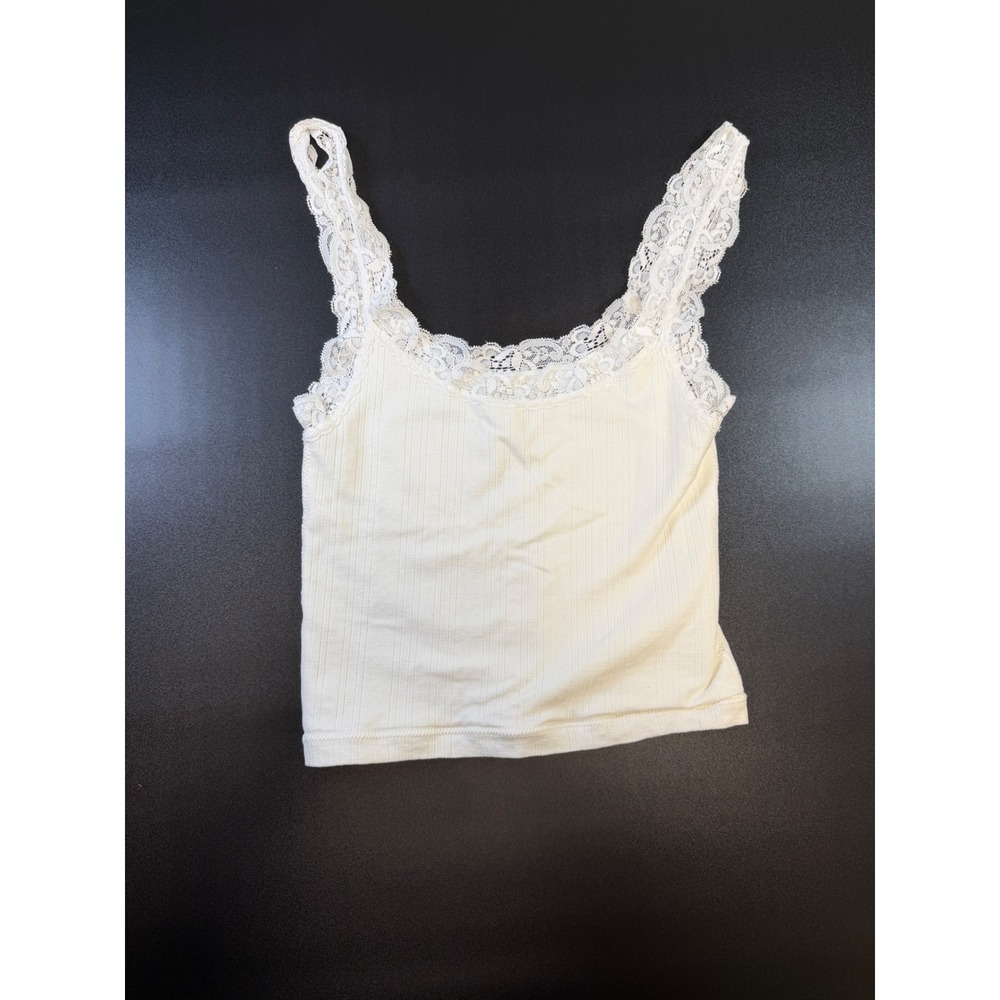 Wild Skye Cream Ribbed Lace Trim Cami Crop Tank Top Womens XS/S 4K14287 K5